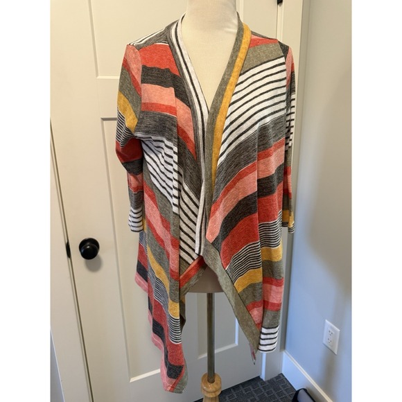 DEARCASE  3/4 Sleeve Striped Printed Open Front Asymmetrical Cardigan M - Picture 2 of 5